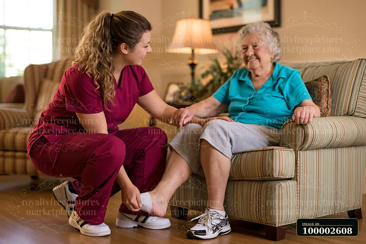 A caregiver guiding dementia patient through a simple exercise in an assisted living facility.