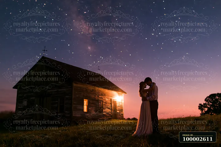 A couple dances under stars outdoors near a rustic cabin, enjoying an intimate moment in a natural setting.