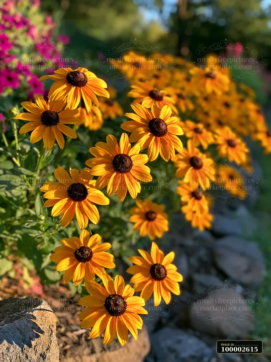 Rudbeckia flowers in sunlight show vibrant yellow petals with dark centers growing along a garden path beside a stone border and colorful plants.