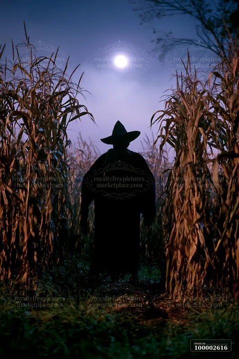 A scarecrow at night in a cornfield stands silhouetted against a bright full moon.