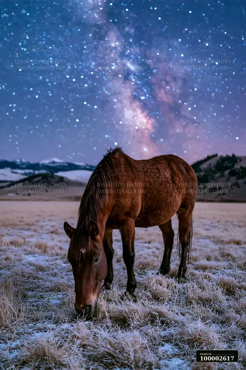 A horse grazes on frost-covered grass beneath a galaxy-filled sky with stars shining bright.