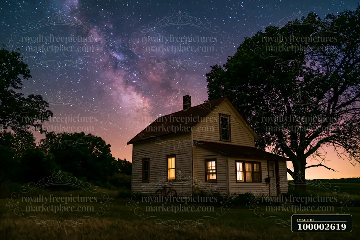 A secluded farmhouse is shown beneath a starry sky featuring the Milky Way, with glowing windows illuminating the structure.