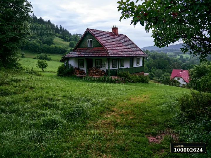 A farmhouse stands amidst lush green fields, showing thick grass and wooden logs stacked outside.