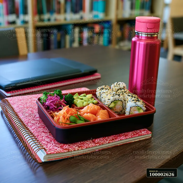 A sushi lunch box with compartments sits on a wooden table in a study area.