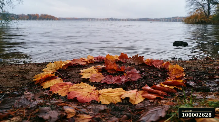 Colorful autumn leaves arranged in spiral on the sandy lakeshore near calm waters, with trees in the background and a gray sky indicating an overcast day.