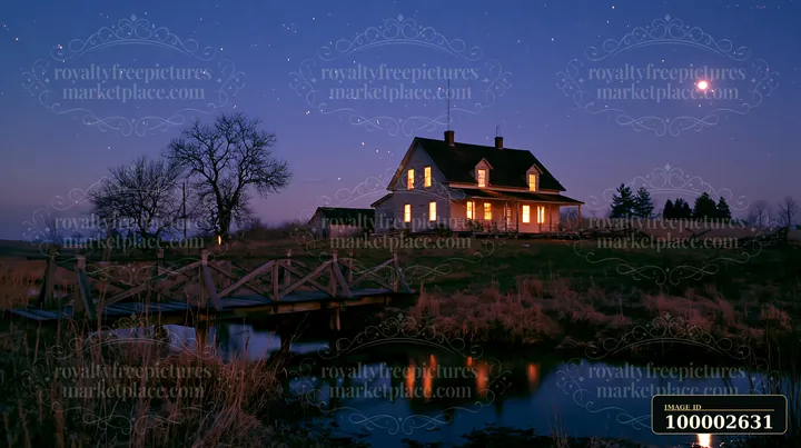 A country house stands under a starry sky, with soft light glowing from its windows.