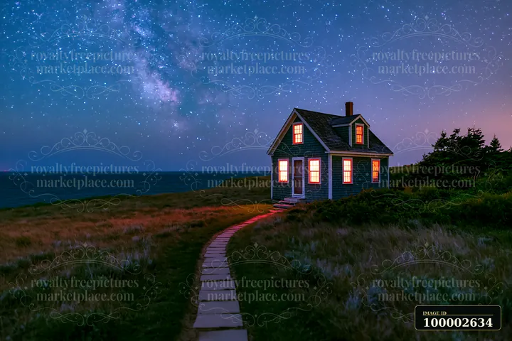 A cottage under stars with a stone path leads to the entrance of the house, surrounded by grass and bushes.