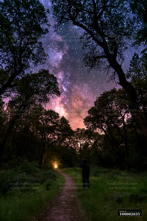 A person capturing Milky Way beside a forest trail at night, surrounded by tall trees and soft grass.