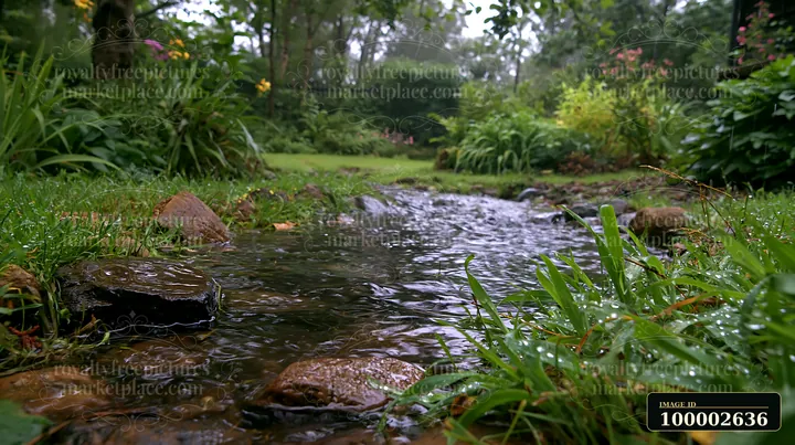 The scene shows a rainy day view from a timber cottage with a clear stream flowing through greenery, surrounded by trees and flowering plants, under overcast sk
