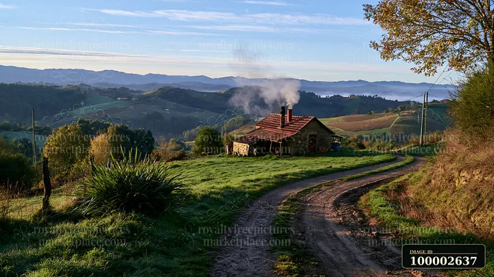 A rural cottage with chimney smoke sits beside a winding dirt road surrounded by green hills and trees.