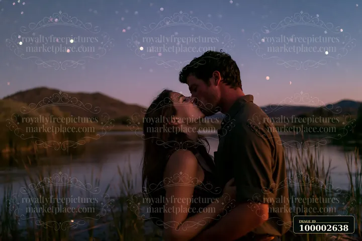 A happy couple kissing beneath stars in nature by a calm water body surrounded by grass and hills at dusk.