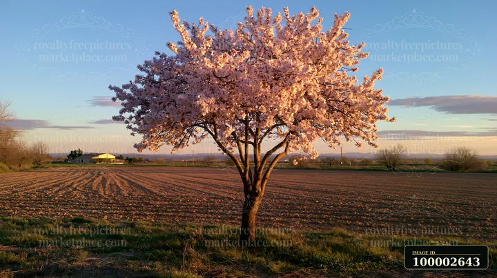 A single almond tree with pink blossoms stands in a field at sunset.