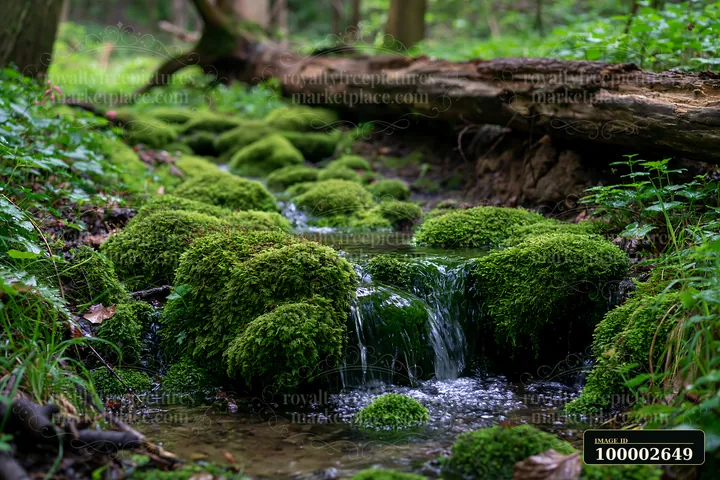A forest brook with miniature waterfall flows over moss-covered stones surrounded by greenery.