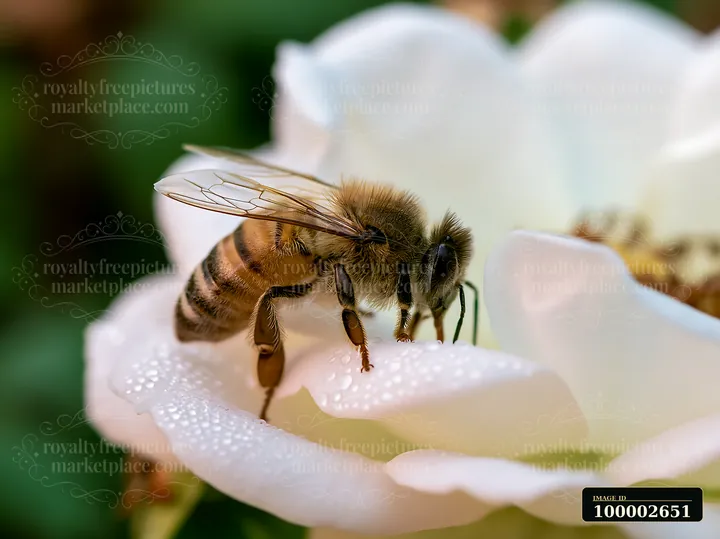 A honey bee crawling on the petal of a white rose collects nectar in a garden setting.