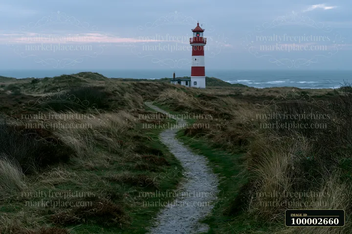 A lighthouse framed by coastal dunes stands on a path leading to the ocean.