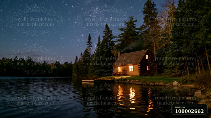 A wooden cabin with smoke rising from the chimney sits by a lake under a starry sky.