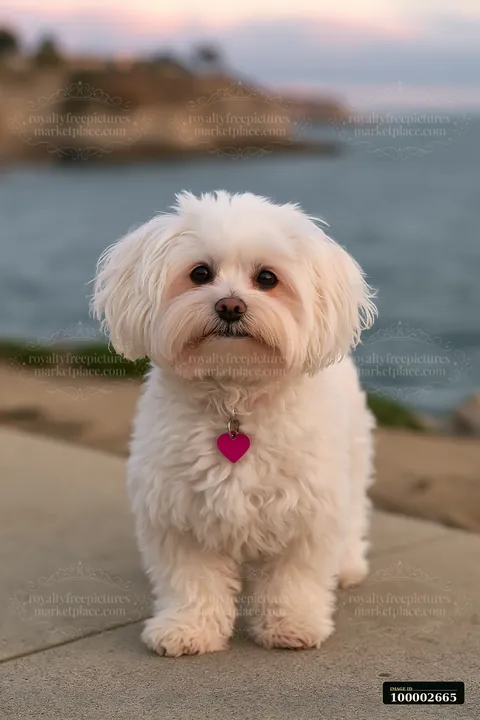 A rare dog breed stands on a pathway beside the seaside with water in the background.