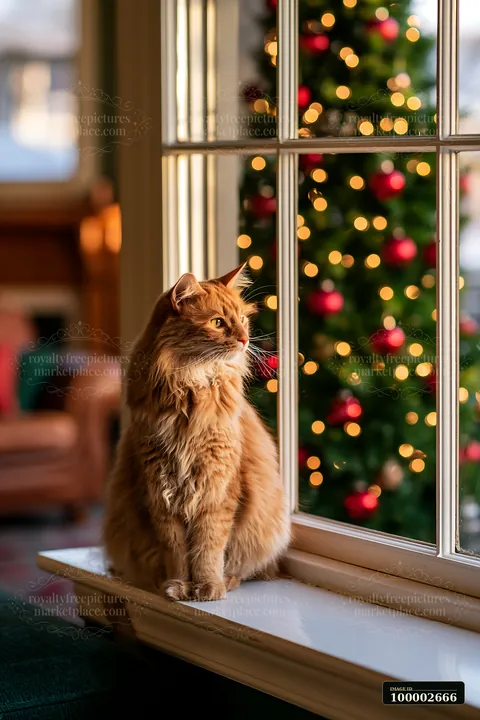 A cat sits on a windowsill in a Christmas living room as sunlight streams through the window, illuminating a decorated Christmas tree in the background, creatin