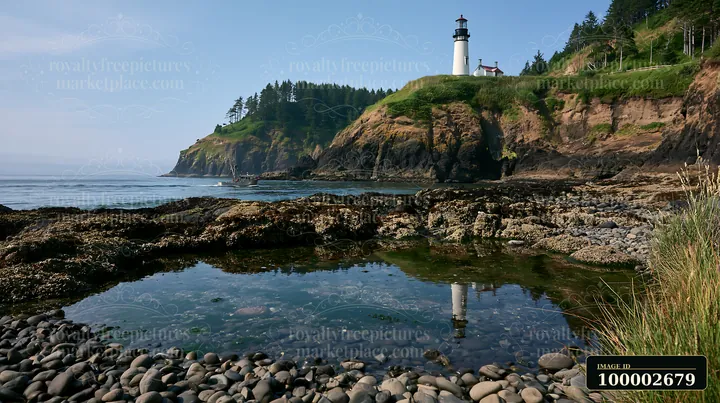 A lighthouse near a rocky tide pool reflects on the water's surface.