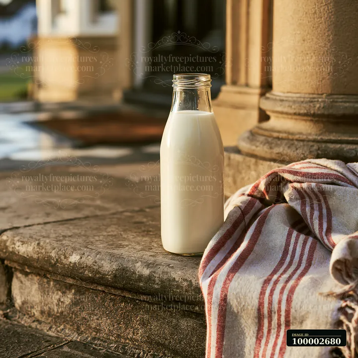Glass milk bottles on a doorstep at sunrise rest beside a folded cloth in a residential setting.