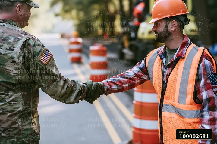A soldier shaking hands with a construction worker at a worksite.