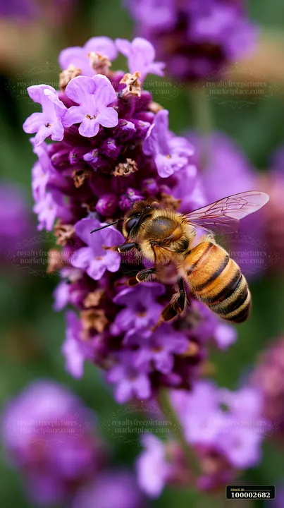 A honey bee closeup on purple lavender shows the bee collecting nectar from the flowers.