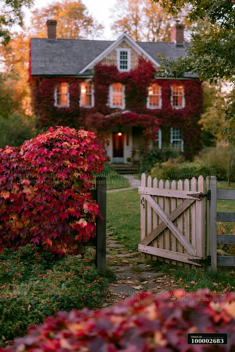 A traditional country house exterior features vibrant leaves covering the walls and a wooden gate leading to a path.