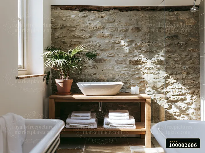 A cozy bathroom shows an exposed stone wall with a wooden vanity and a bowl sink.