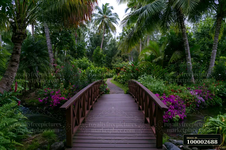 A wooden bridge crosses a path surrounded by vibrant flowers and lush palm trees on an island.