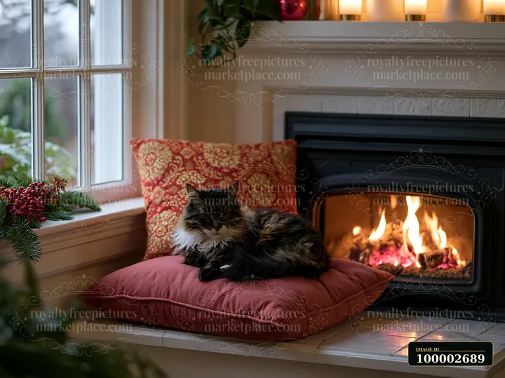 A cat relaxes on a cushion near an open fireplace in a Christmas living room.