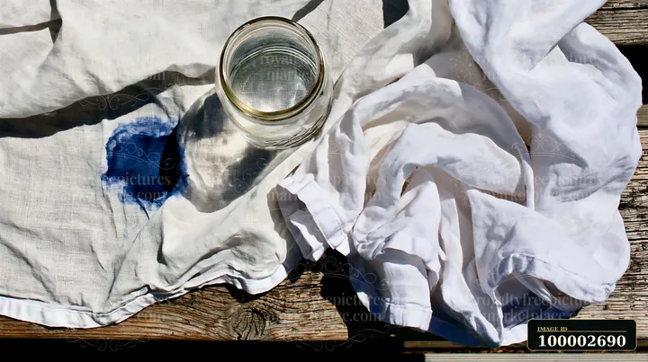 A blue watercolor stain on muslin fabric is shown next to a clear glass filled with water.