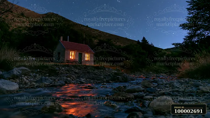 A small cabin sits beside a stream, illuminated by warm light from its windows, while a clear night sky filled with stars stretches above in a remote rural sett