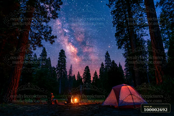 A person photographing stars at night near a campfire, with a tent set up in the woods.