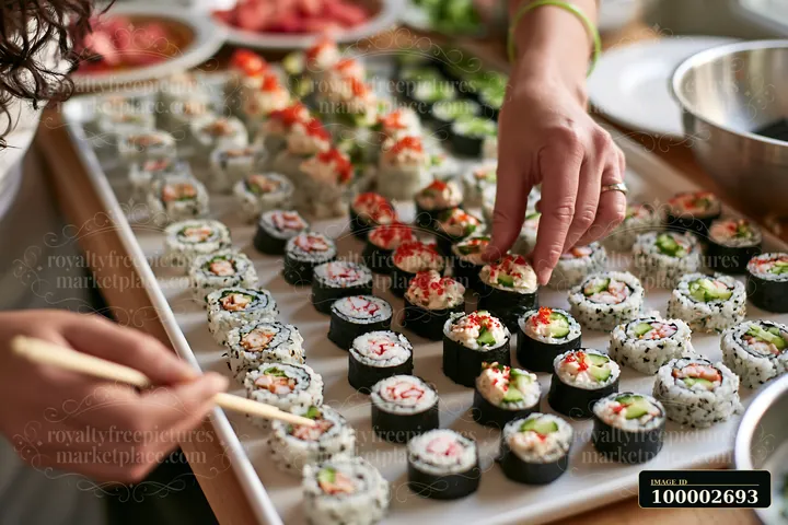 A person arranges sushi rolls on a large platter, preparing for a catering event.