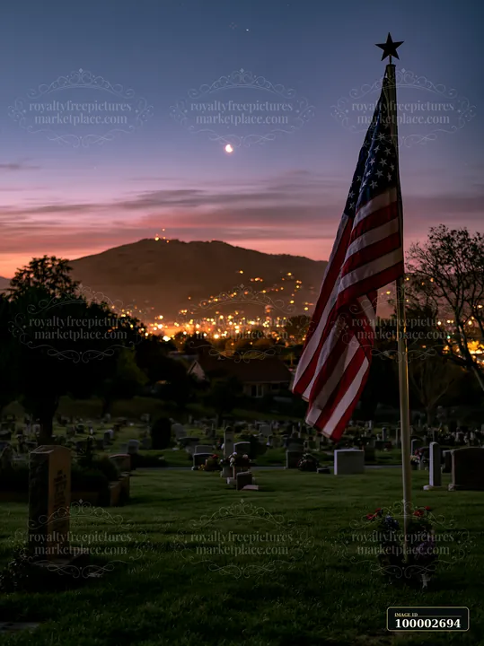 A war cemetery shows a flag standing against a backdrop of city lights and starlit sky.