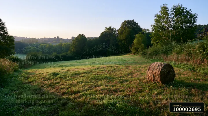 A meadow surrounded by hedgerows features a round hay bale and lush green grass in the early morning light.