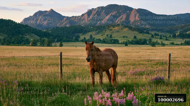 A horse stands in a wildflower meadow below rocky peaks, surrounded by colorful blooms and a wire fence.