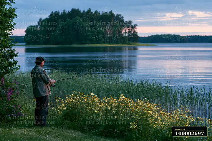 A man stands by a lake, fishing while surrounded by tall grass and buttercups.