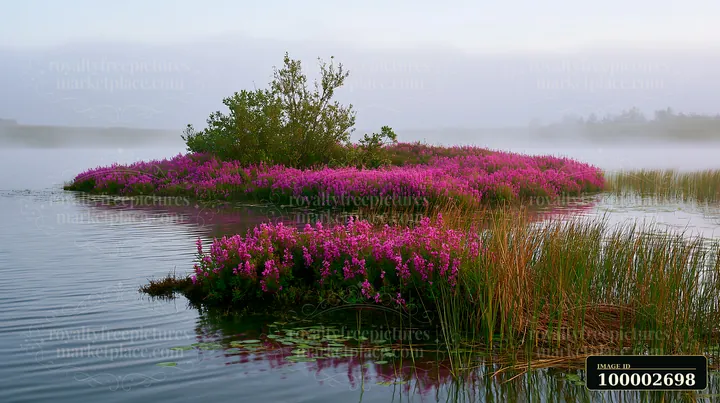 A small island with flowers in morning mist sits in the water.