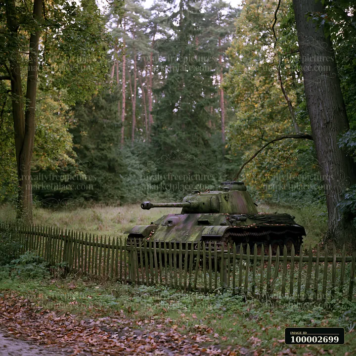 A panzer tank in autumn forest sits quietly behind a wooden fence with trees and fallen leaves around.
