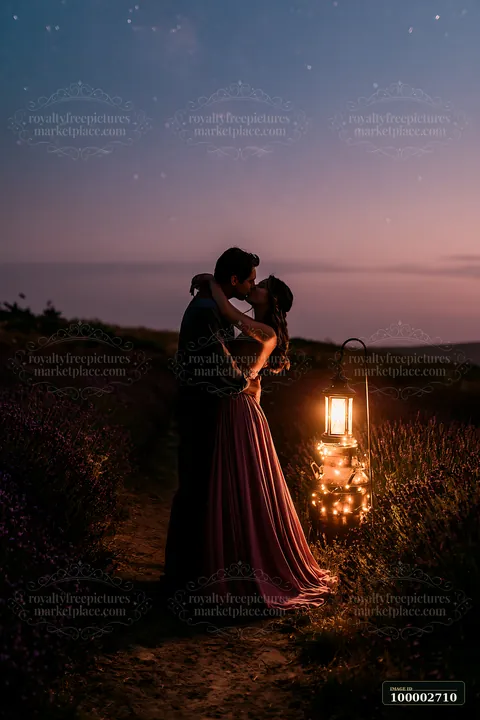 A couple is kissing under the stars near a glowing lantern in a field.