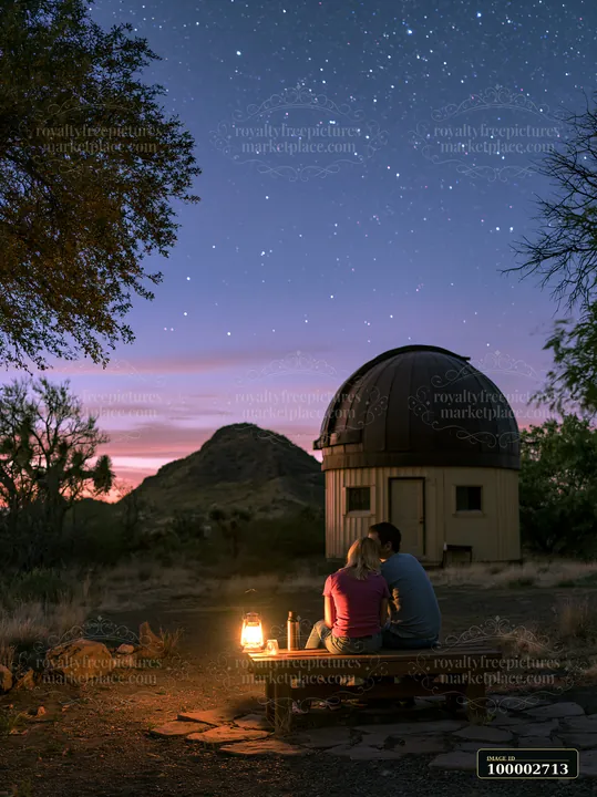 A couple at a remote observatory at night sits close together on a bench, holding each other near a glowing lantern, with stars twinkling in the sky above.