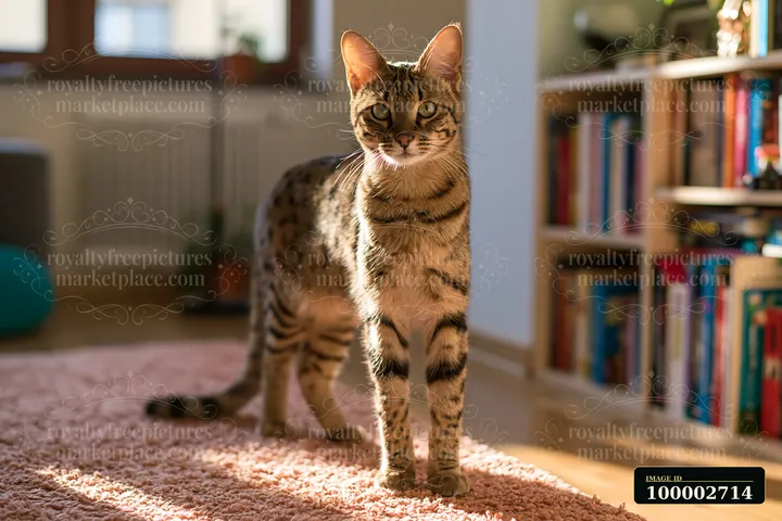 A Savannah cat at home stands on a soft rug in a bright living room.