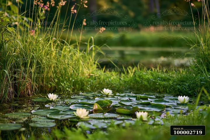 A small pond with white water lilies sits among green grass and wildflowers.