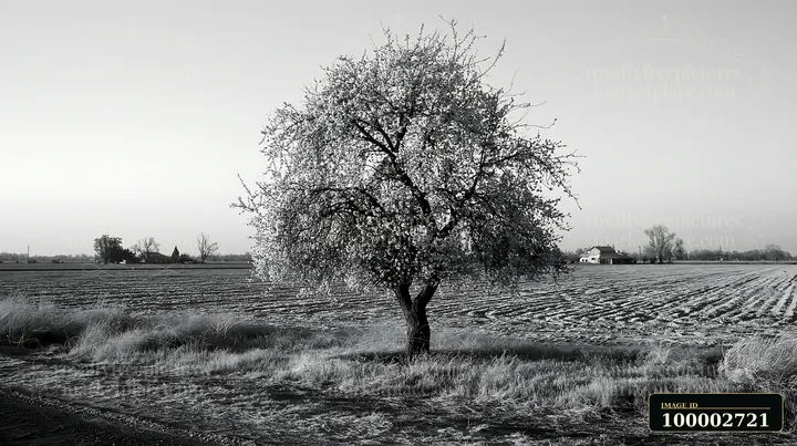 A solitary almond tree stands in a rural field, covered with blossoms.