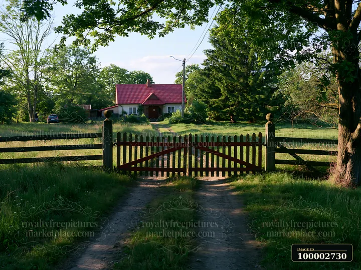 A rural cottage is visible through an open wooden gate, surrounded by green grass and trees.