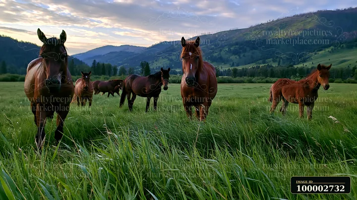 Wild horses in lush green valley graze on grass as the sun rises over the mountains.