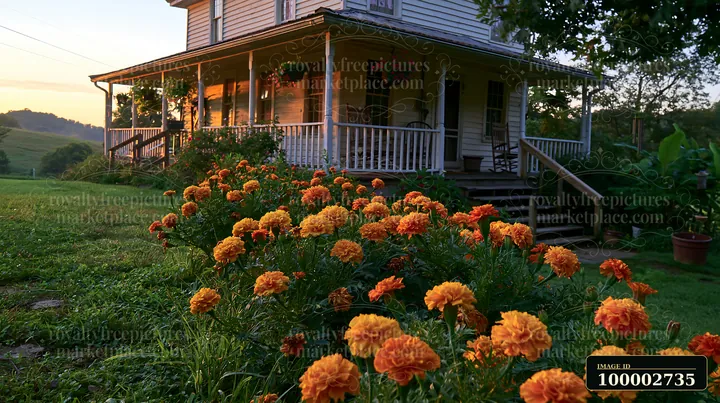 Bright marigold flower bed lines the path leading to a country house during sunset, showcasing vibrant colors against a rustic home and green landscape.