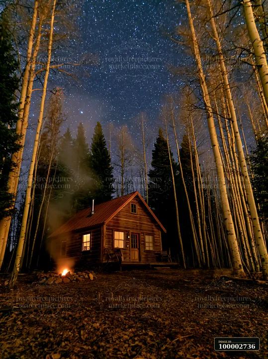 A cabin with smoke rising under stars stands in a forest setting.