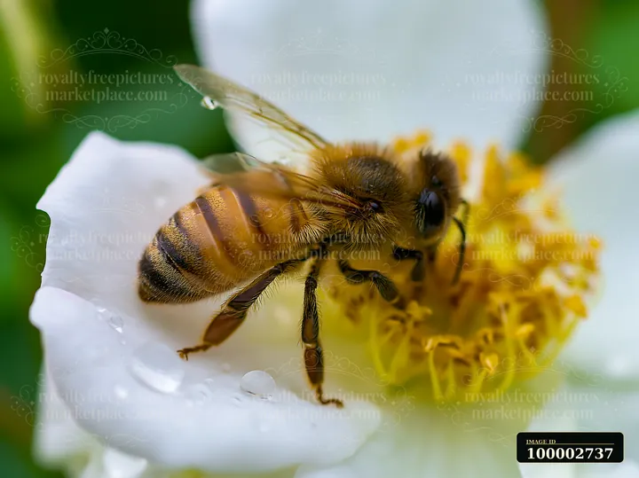 A honey bee crawling on petal collects nectar in a garden.